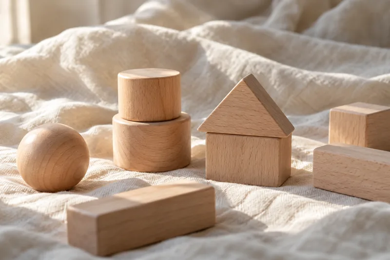 Oggetti di legno su una superficie chiara, immagine illustrativa dell’ambito infanzia